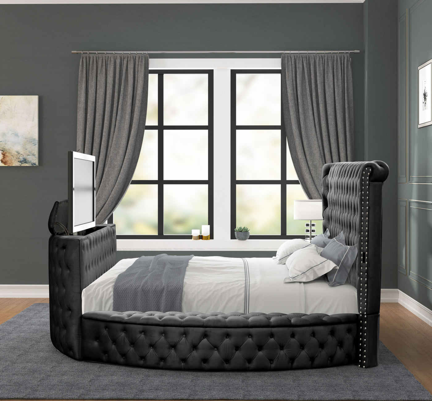 Maya Modern Style Crystal Tufted Queen Bed  Made with wood in Black