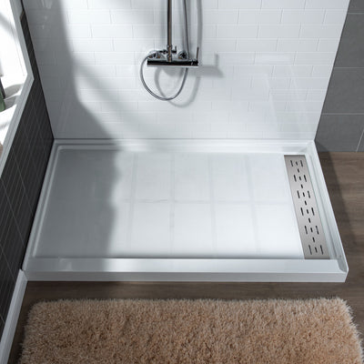 WOODBRIDGE 48-in L x 32-in W Zero Threshold End Drain Shower Base with Reversable Drain Placement, Matching Decorative Drain Plate and Tile Flange, Wheel Chair Access, Low Profile, White