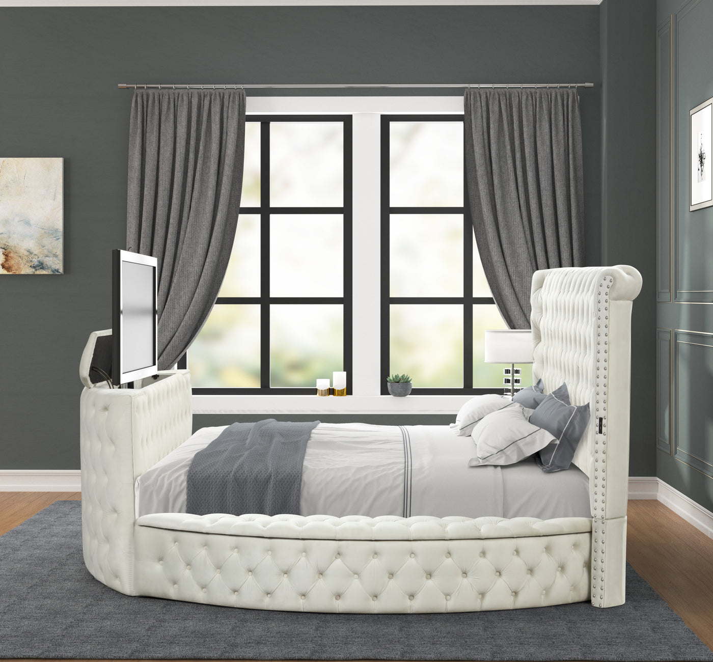 Maya Modern Style Crystal Tufted King Bed  Made with wood in Cream