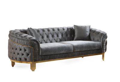 Vanessa 2 PC Livingroom Set in Grey and Gold with Fabric button-tufted velvet upholstery Finish