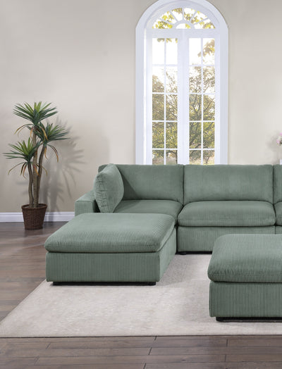 Sage Color 7pc Modular Sectional Set Corduroy Upholstery Couch 2x Corner wedge, 2x Armless Chairs 3x Ottomans Living Room Furniture