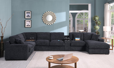 Celine 141.5" Dark Gray Chenille Fabric Corner Sectional Sofa with Right-Facing Chaise, Cupholders, and Charging Ports