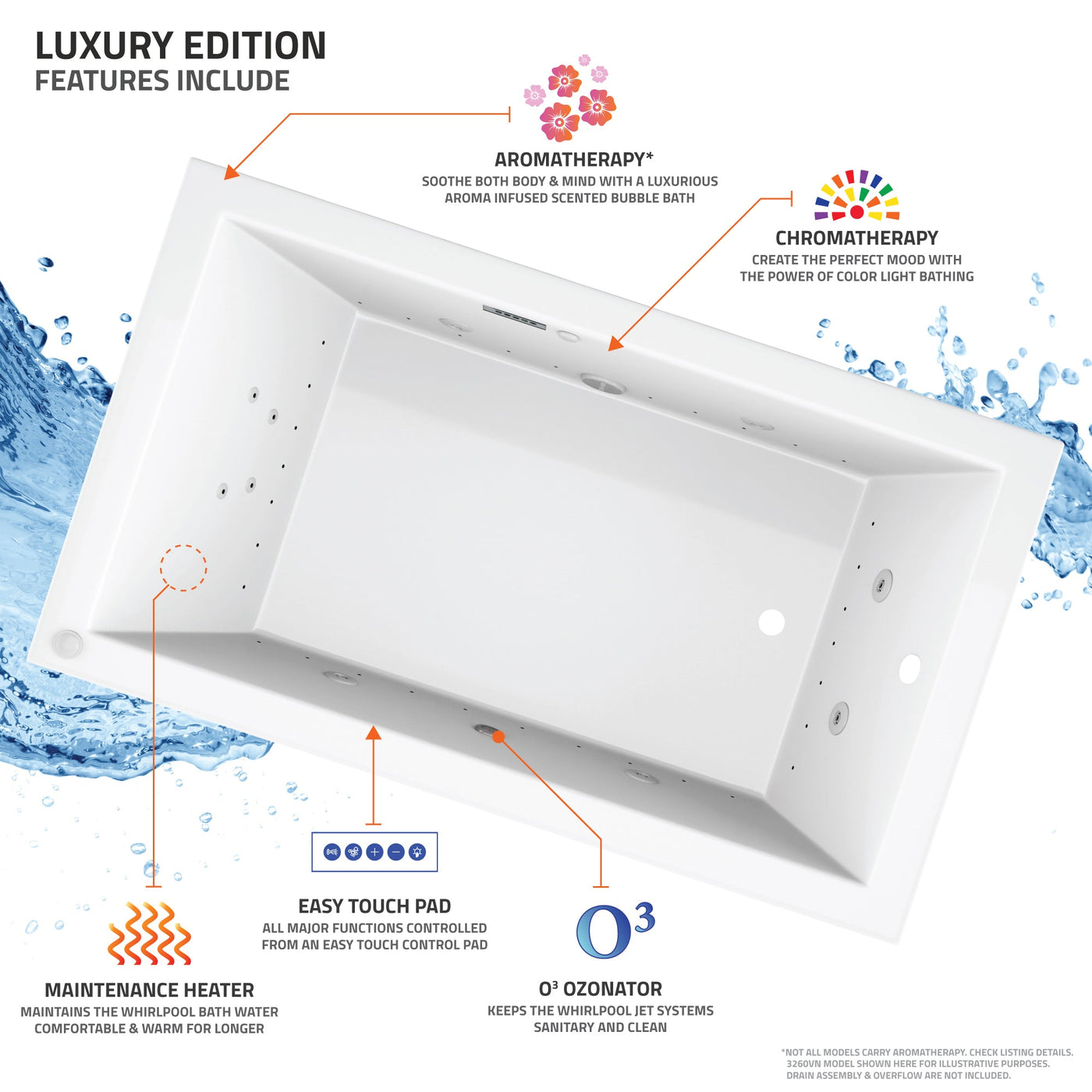 Atlantis Whirlpools Mirage  Deluxe Series 35.875 x 59.625in. Air and Whirlpool Jetted Bathtub in White 3660MDRX