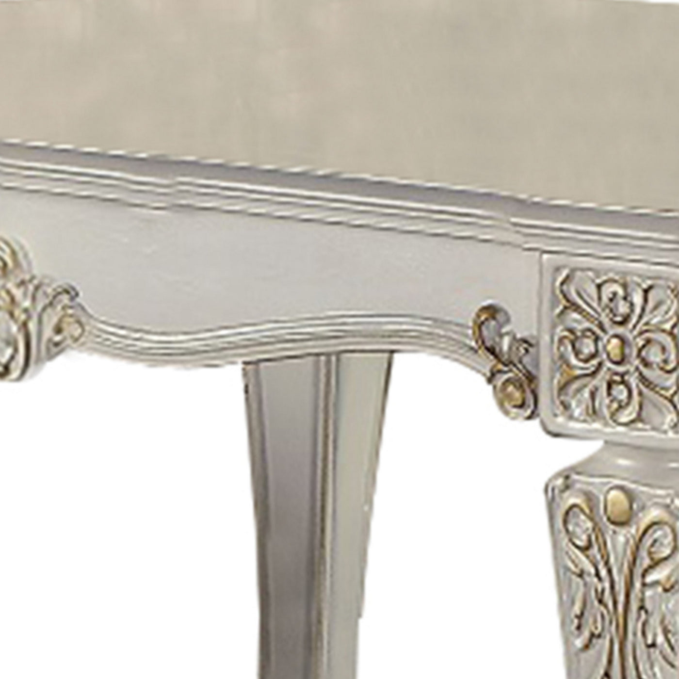 Jess 54 Inch Counter Table, 4 Seater, Classic White, Ornate Scroll Carvings