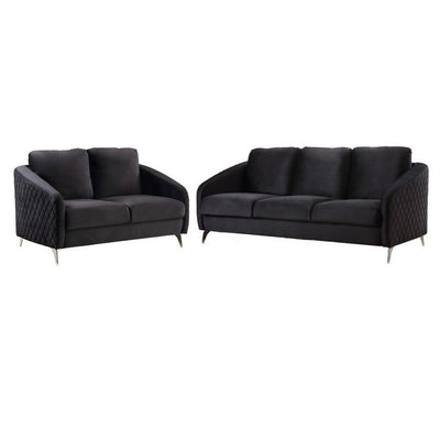 Hida 2 Piece Sofa and Loveseat Set, Diamond Stitching, Smooth Black Velvet