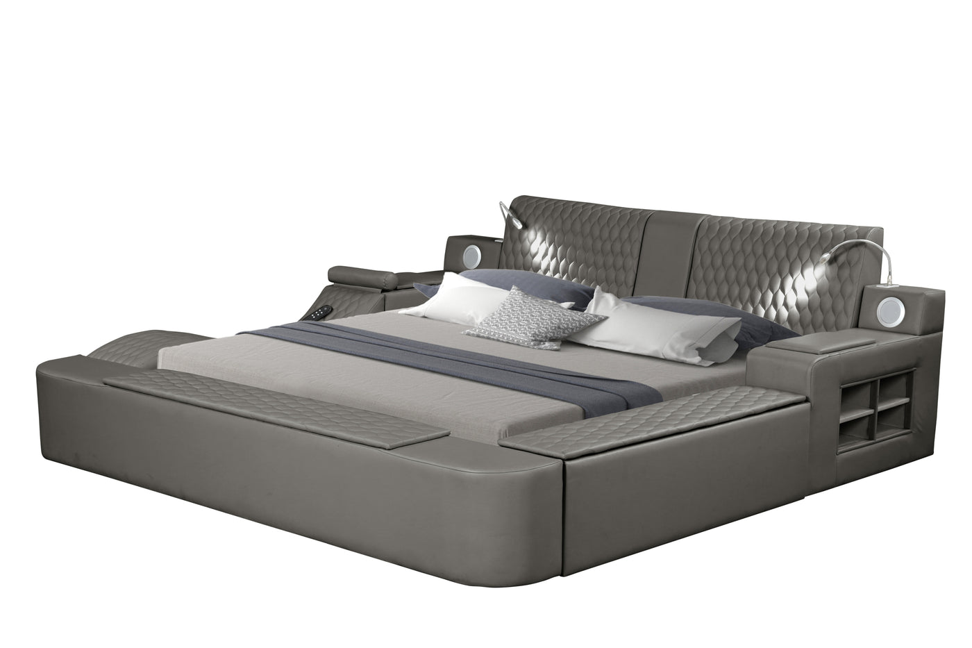 Zoya Smart Multifunctional King Size Bed Made with Wood in Gray