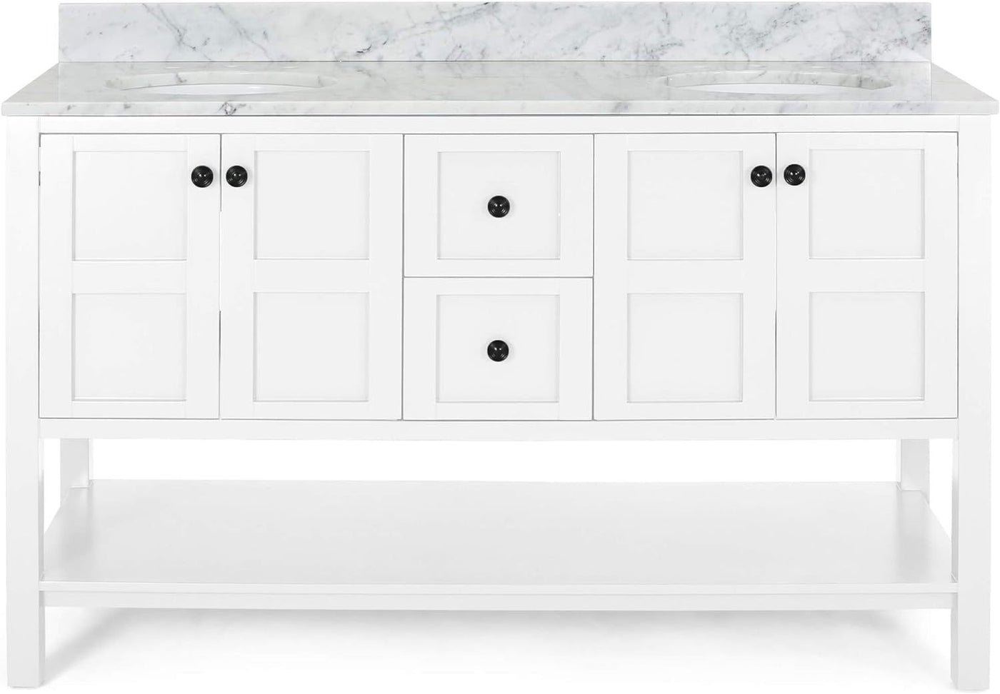 61'' Bathroom Vanity with Marble Top & Double Ceramic Sinks, 4 Doors, 2 Drawers, Open Shelf, White