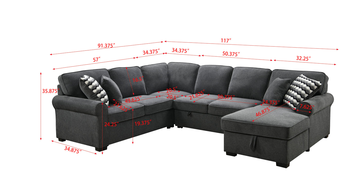 117" Oversized Sectional Sofa with Storage Chaise, Rolled Arms U Shaped Sectional Couch ,Removable Soft Backrest Cushions, with 4 Throw Pillows for Large Space Dorm Apartment,Dark Gray