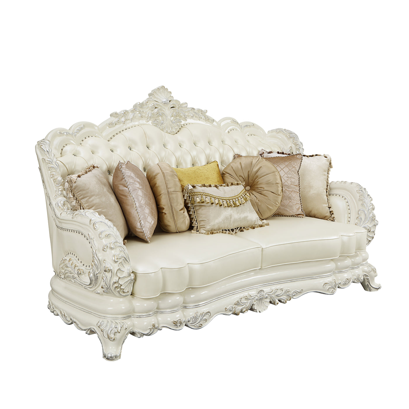 ACME Adara SOFA W/7 PILLOWS Pearl White PU & Antique White Finish LV01224