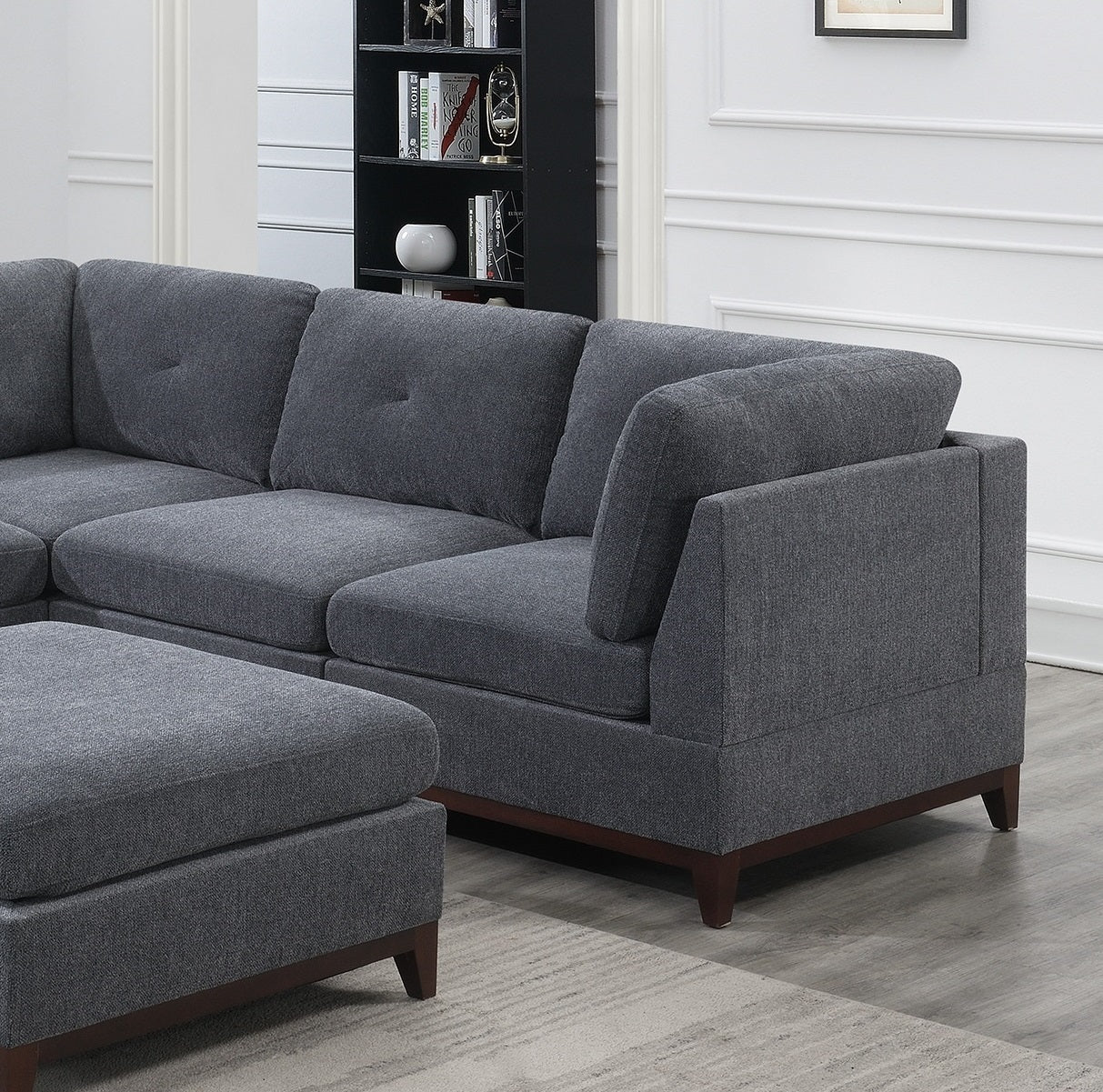 Ash Grey Chenille Fabric Modular Sectional 6pc Set Living Room Furniture Corner Sectional Couch 3x Corner Wedge 2x Armless Chairs and 1x Ottoman Tufted Back