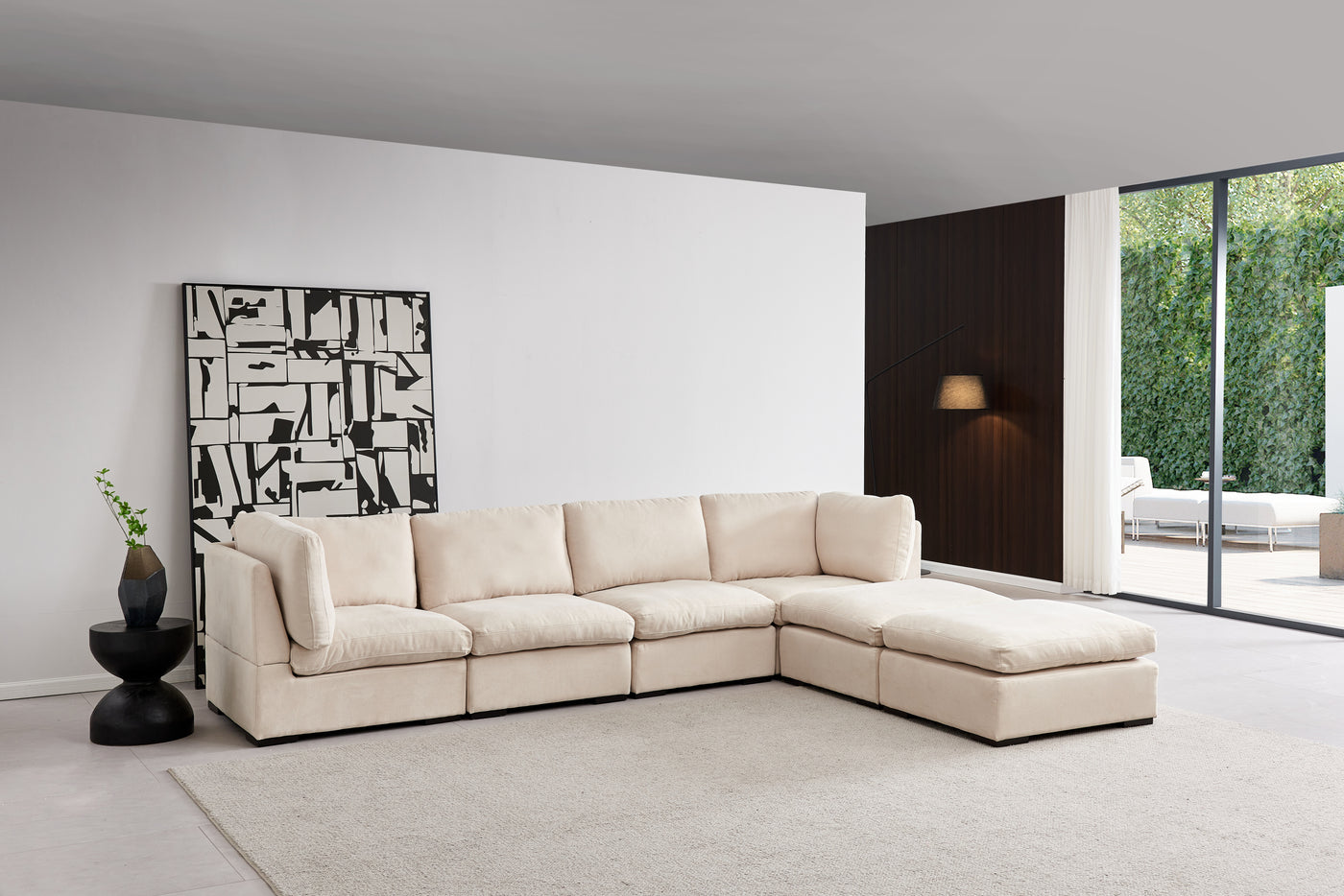 Modular Sofa with Ottoman,Filled with Down ,Soft Linen Fabric,Beige