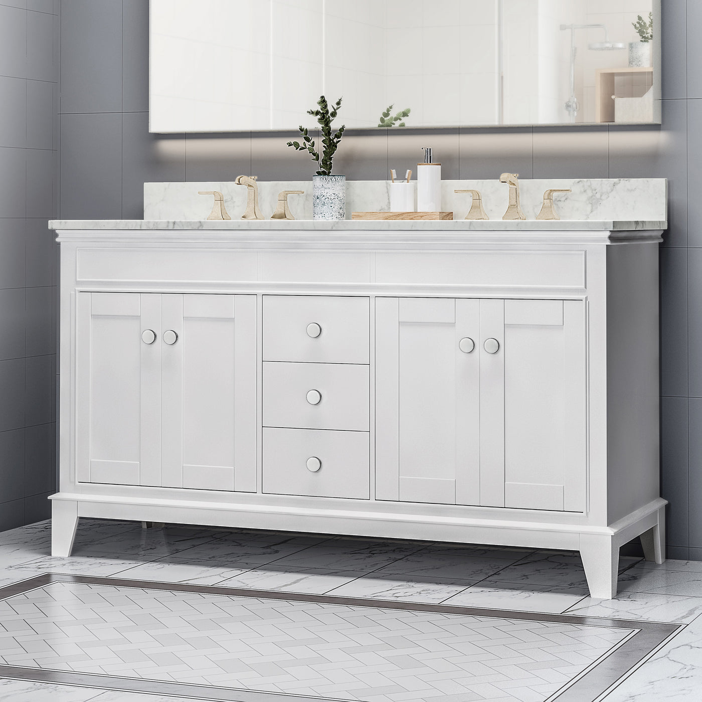 61'' Bathroom Vanity with Marble Top & Double Ceramic Sinks, 3 Drawers, 4 Doors, White