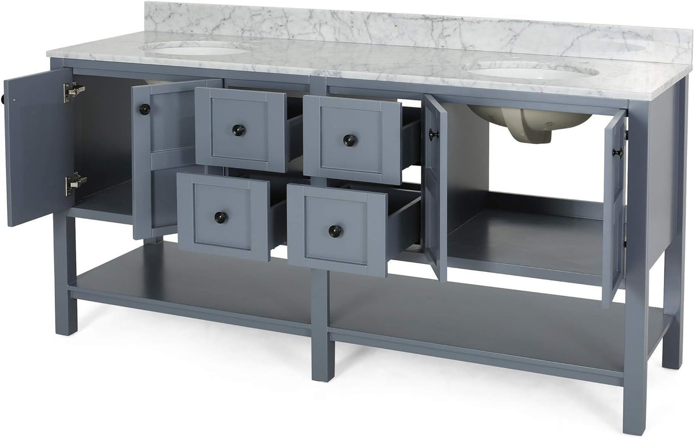 73'' Bathroom Vanity with Marble Top & Double Ceramic Sinks, 4 Doors, 4 Drawers, Open Shelf, Gray