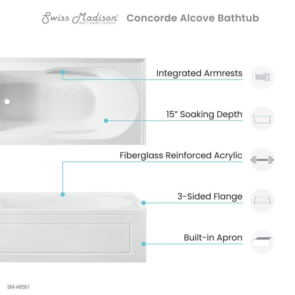 Swiss Madison Concorde 60" x 32" Acrylic Glossy White, Alcove, Integral, Left-Hand Drain, Apron Bathtub SM-AB561