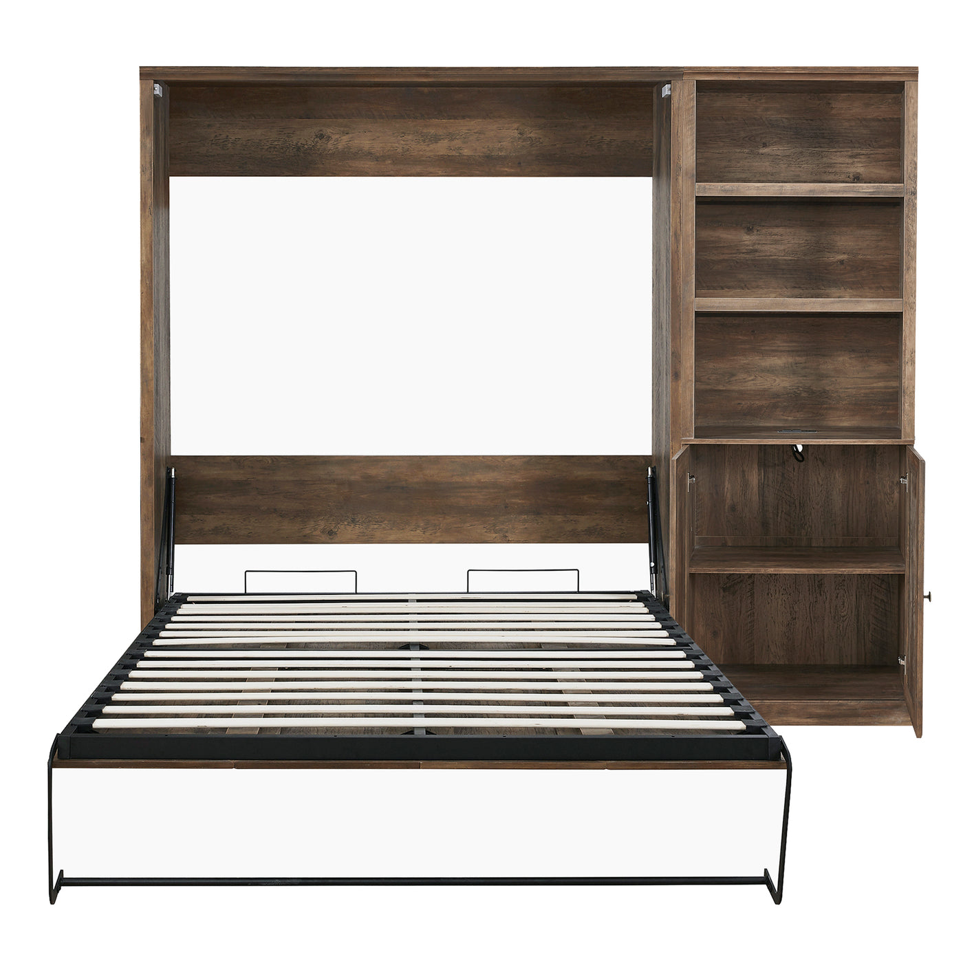 Full Size Half Self-Close and Open Murphy Bed with 1 Side Cabinet Storage Shelf, Cabinet Space-Saving Bed Perfect for Guest Room, Bed Room, Guest Room, Home Office, Brown