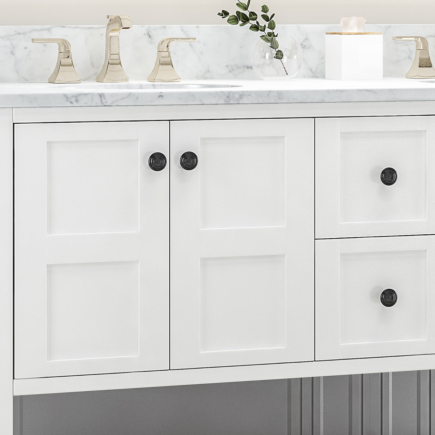 61'' Bathroom Vanity with Marble Top & Double Ceramic Sinks, 4 Doors, 2 Drawers, Open Shelf, White