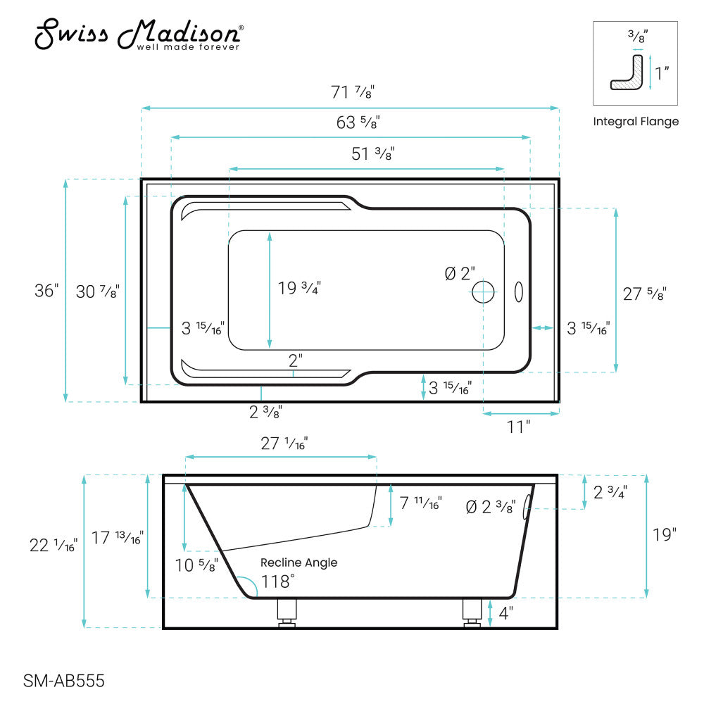 Swiss Madison Voltaire 72" x 36" Right-Hand Drain Alcove Bathtub with Apron and Armrest SM-AB555