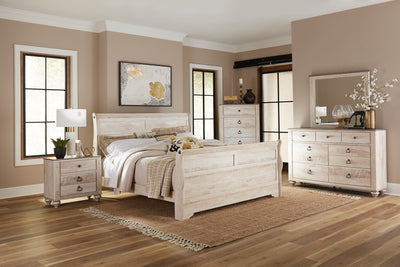 Imerland Contemporary White Wash Finish Bedroom Set with King Sleigh Bed, Dresser, Mirror, Two Nightstands, Chest