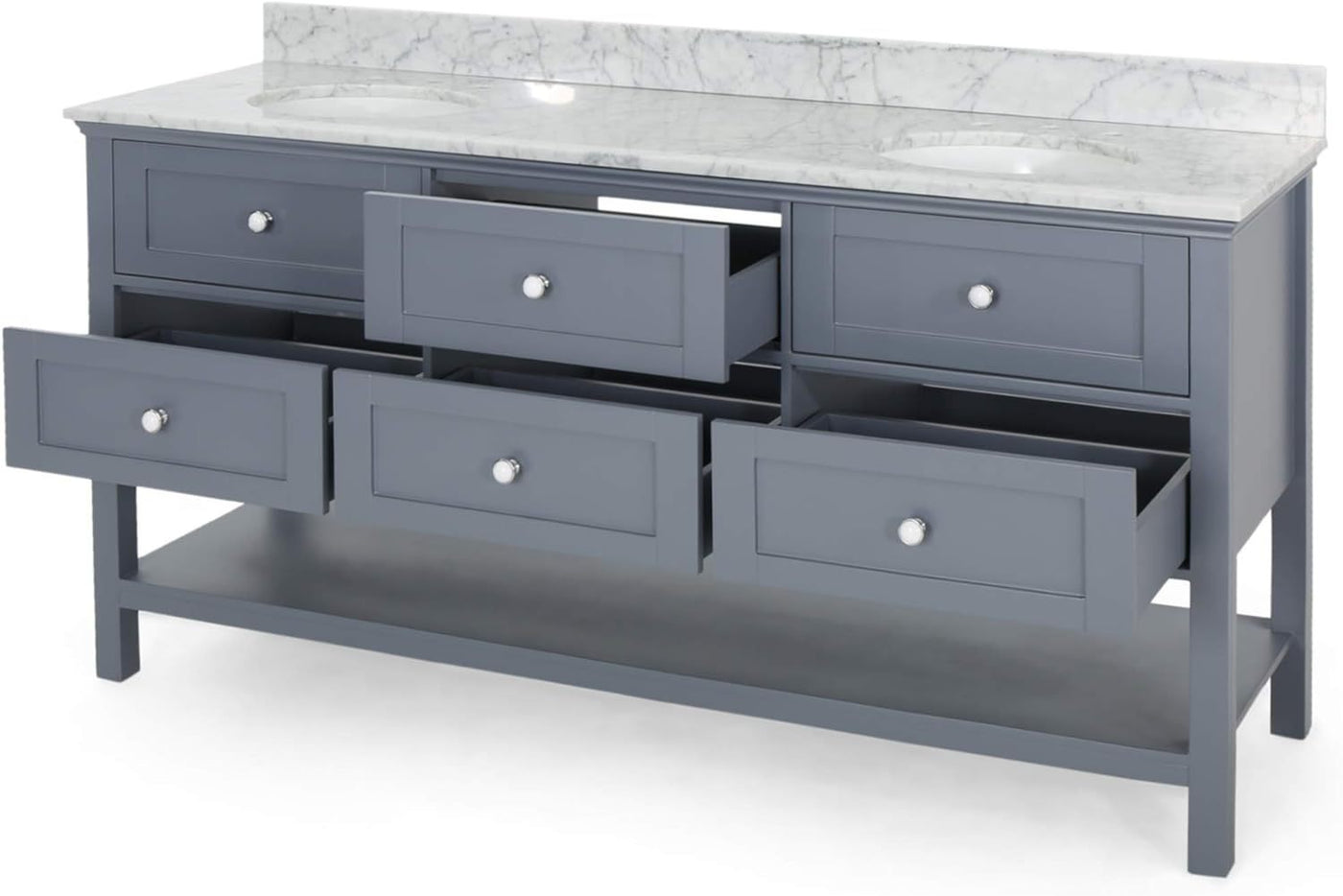 73'' Bathroom Vanity with Marble Top & Double Ceramic Sinks, 4 Drawers, Open Shelf, Grey