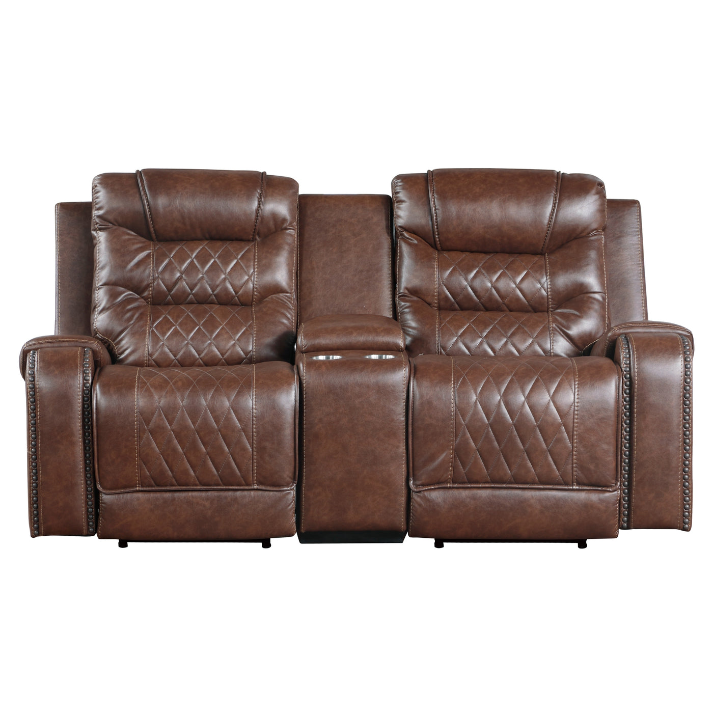 Luxurious Living Room Furniture 2pc Power Reclining Sofa Set Brown Breathable Faux Leather Upholstery Center Drop-Down Cup Holders, Power Outlets, USB Ports, Diamond Pattern Stitching