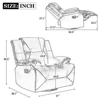 Home Theater Recliner Set Manual Recliner Chair with a LED Light Strip Two Built-in Cup Holders for Living Room,Bedroom, Grey