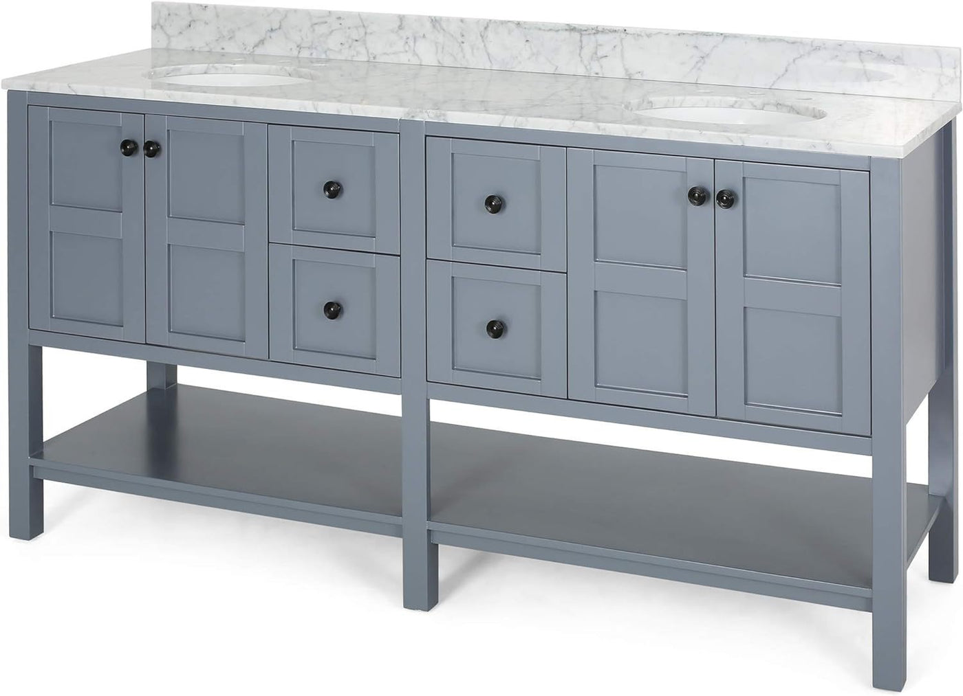 73'' Bathroom Vanity with Marble Top & Double Ceramic Sinks, 4 Doors, 4 Drawers, Open Shelf, Gray