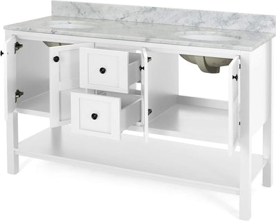 61'' Bathroom Vanity with Marble Top & Double Ceramic Sinks, 4 Doors, 2 Drawers, Open Shelf, White