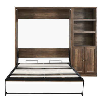 Full Size Half Self-Close and Open Murphy Bed with 1 Side Cabinet Storage Shelf, Cabinet Space-Saving Bed Perfect for Guest Room, Bed Room, Guest Room, Home Office, Brown