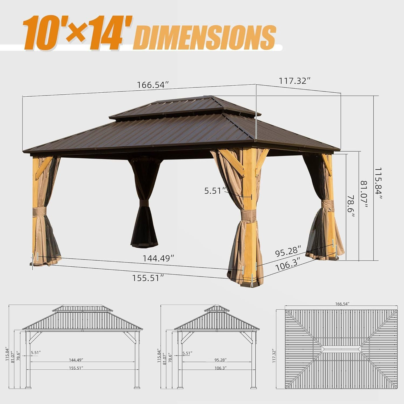 10x14FT Cedar Wood Gazebo, Solid Wood Hardtop Gazebo with Galvanized Steel Double Roof, Netting & Curtains, Outdoor Gazebo for Patio, Backyard, Deck, Lawns