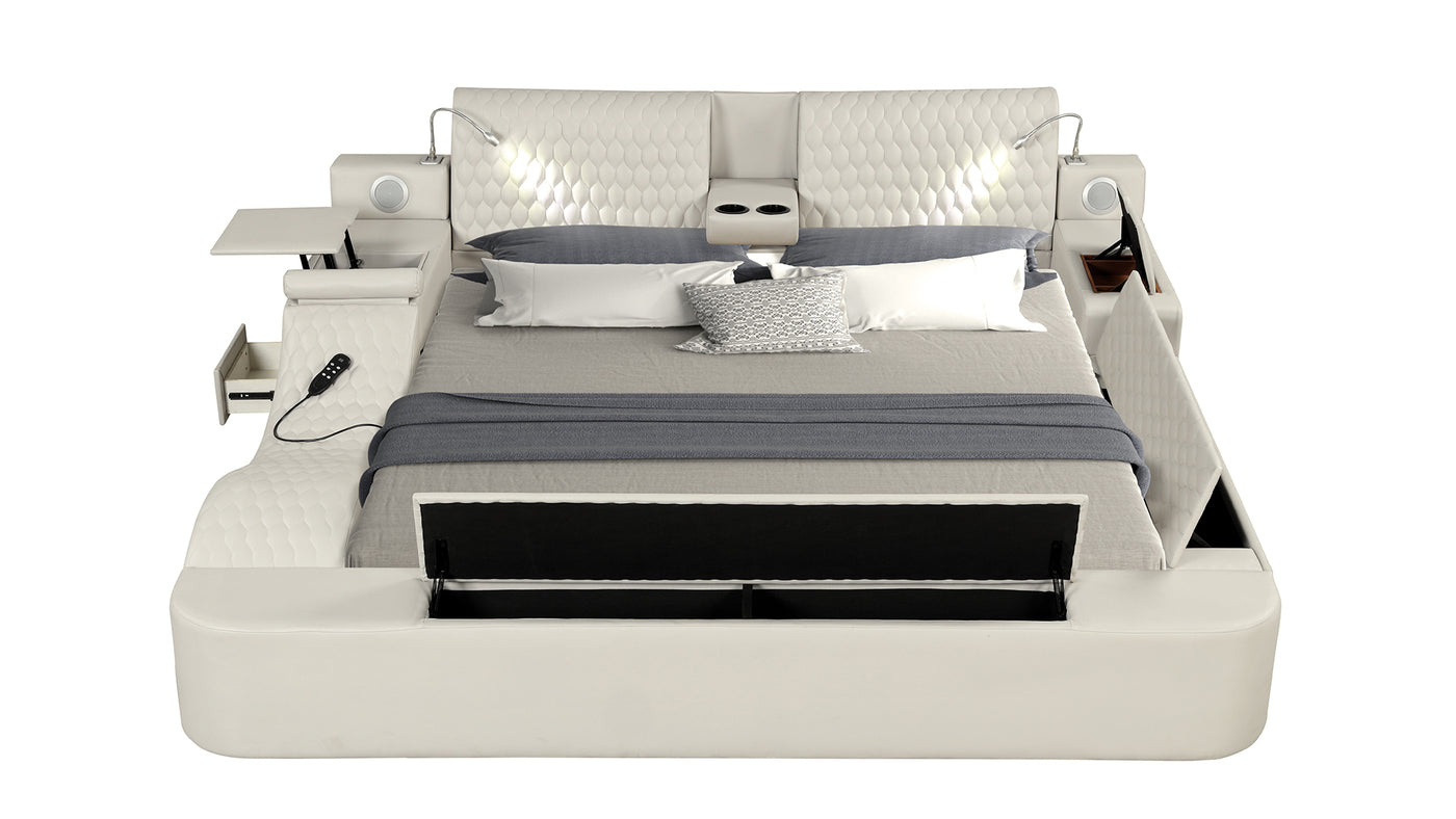 Zoya Smart Multifunctional King Size Bed Made with Wood in Beige