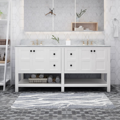 73'' Bathroom Vanity with Marble Top & Double Ceramic Sinks, 4 Doors, 4 Drawers, Open Shelf, White