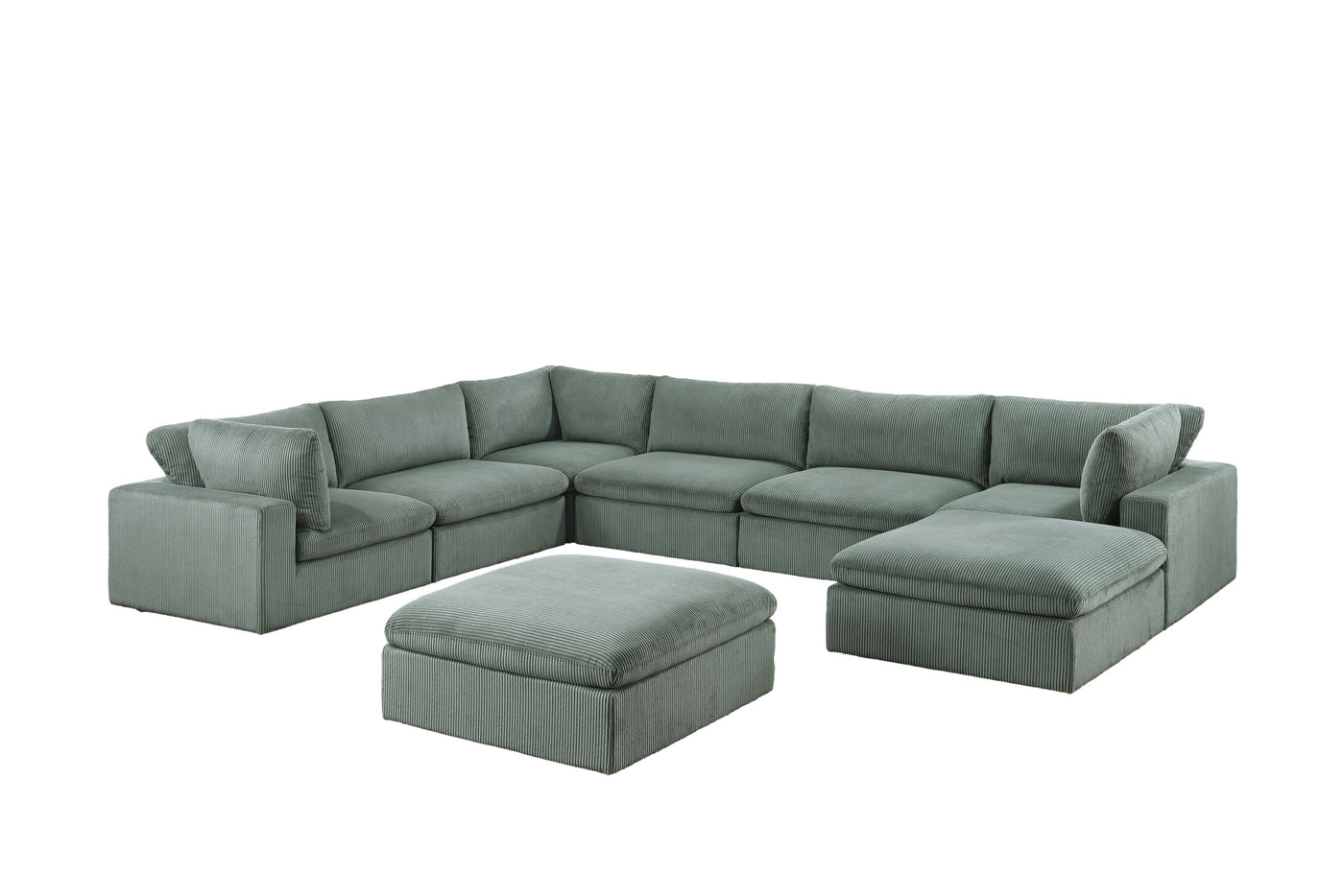 Sage Color 8pc Modular Sectional Set Corduroy Upholstery Couch 3x Corner wedge, 3x Armless Chairs 2x Ottomans Living Room Furniture