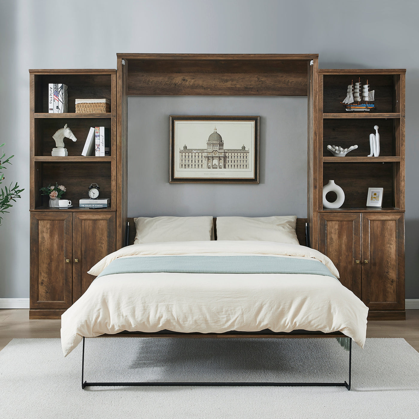 Queen Size Half Self-Close and Open Murphy Bed with 2 Side Cabinet Storage Shelf, Cabinet Space-Saving Bed Perfect for Guest Room, Bed Room, Guest Room, Home Office, Brown