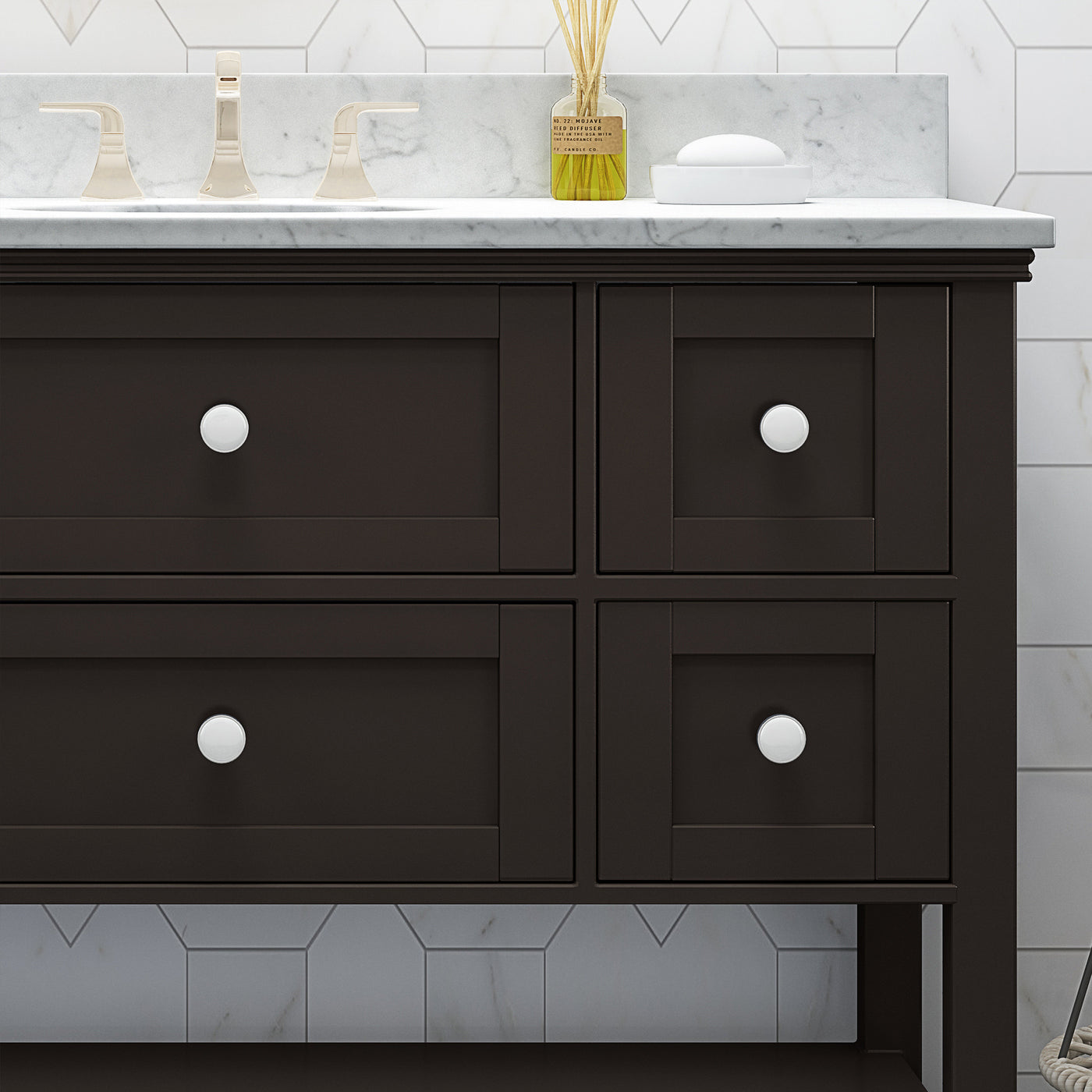 49'' Bathroom Vanity with Marble Top & Ceramic Sink, Open Shelf, 5 Drawers, Brown