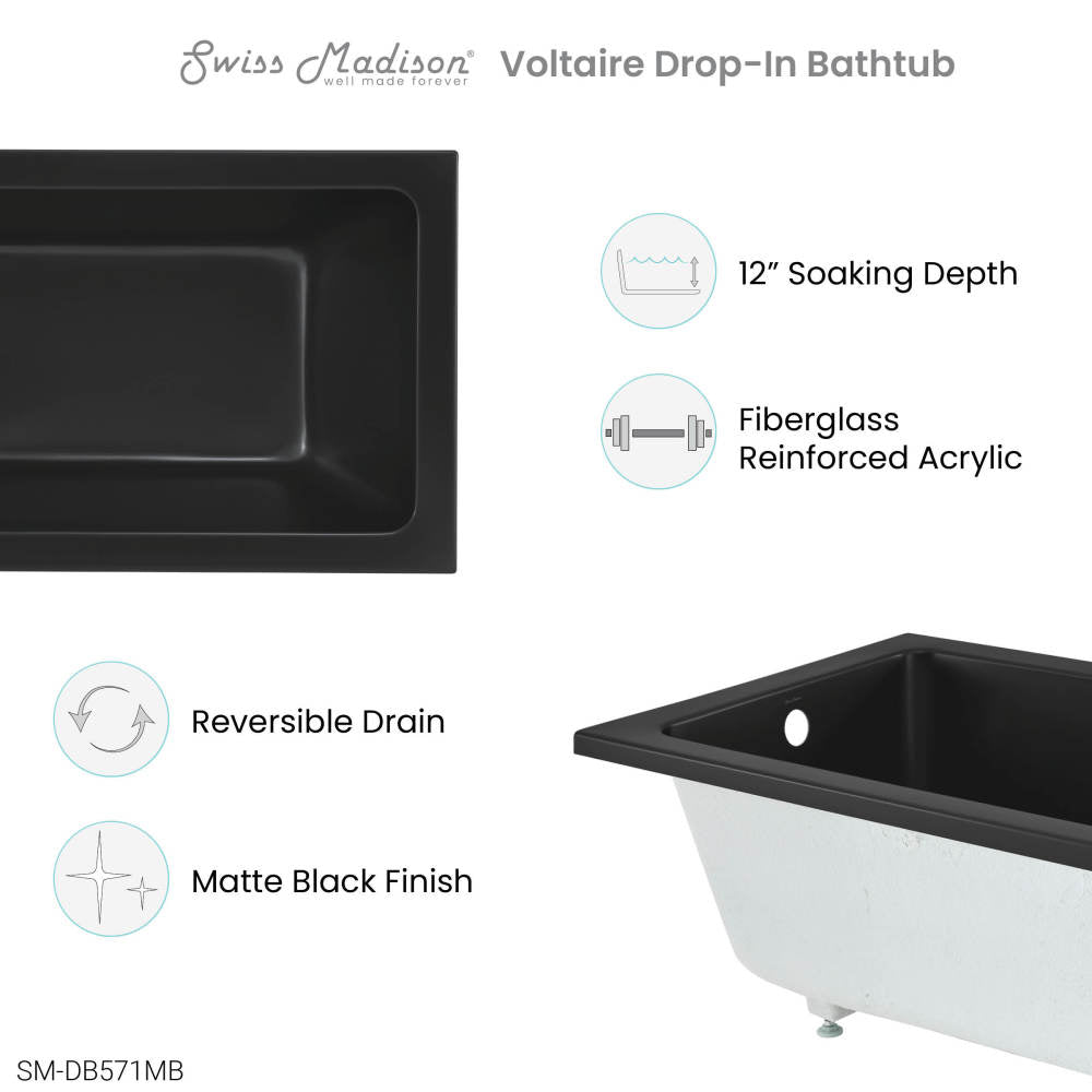 Swiss Madison Voltaire 48" x 32" Reversible Drain Drop-In Bathtub in Matte Black SM-DB571MB