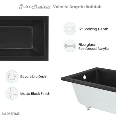 Swiss Madison Voltaire 48" x 32" Reversible Drain Drop-In Bathtub in Matte Black SM-DB571MB