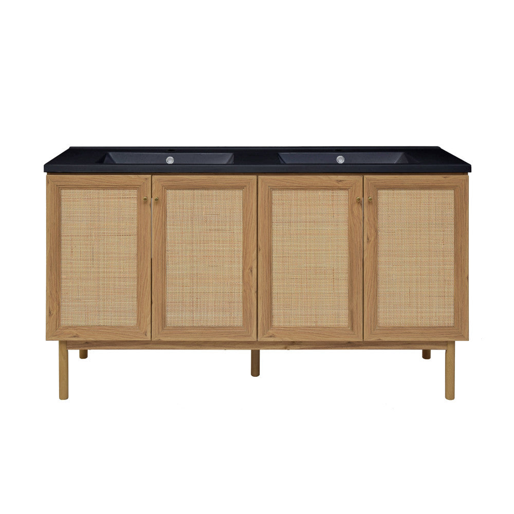 Swiss Madison Classe 60 in. Brown Oak, Double Basin Bathroom Vanity With Black Artificial Stone Sink Top SM-BV666DMB