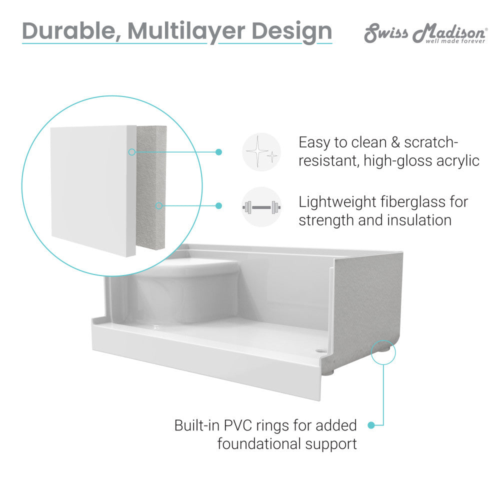 Swiss Madison Aquatique 60" x 32" Single Threshold Shower Base With Right Hand Drain and Integral Left Hand Seat in White SM-SB538W