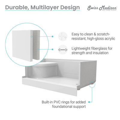 Swiss Madison Aquatique 60" x 32" Single Threshold Shower Base With Right Hand Drain and Integral Left Hand Seat in White SM-SB538W