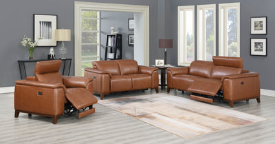 Dual-Power Leather Reclining Sofa - Articulating Power Headrest, Padded Armrest - Coach Colored, Luxurious Comfort