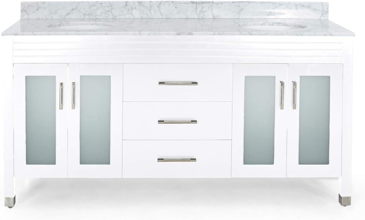 73'' Bathroom Vanity with Marble Top & Double Ceramic Sinks, 4 Doors with Glass, 3 Drawers, White