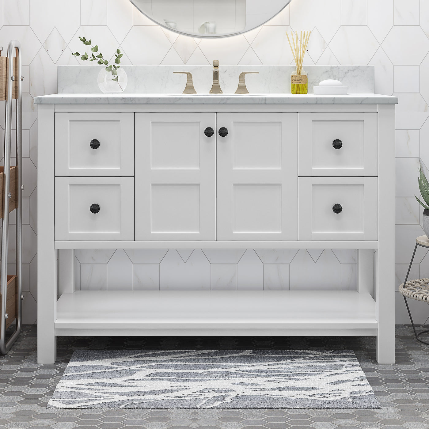 49'' Bathroom Vanity with Marble Top & Ceramic Sink, Two Doors, 4 Drawers, Open Shelf, White