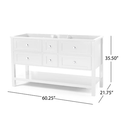 61'' Bathroom Vanity with Marble Top & Double Ceramic Sinks, 4 Drawers, Open Shelf, White