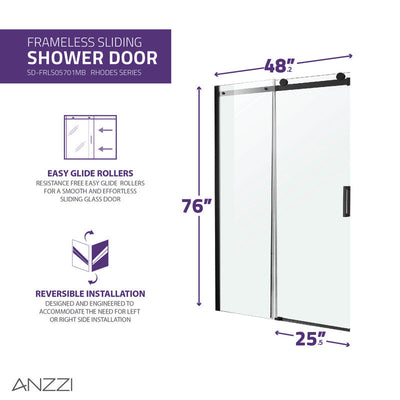 ANZZI Rhodes Series 48 in. x 76 in. Frameless Sliding Shower Door with Handle SD-FRLS05701BN