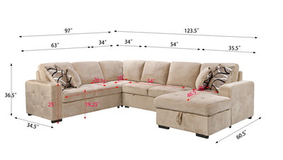 123" Oversized Sectional Sofa with Storage Chaise, U Shaped Sectional Couch with 4 Throw Pillows for Large Space Dorm Apartment. Beige