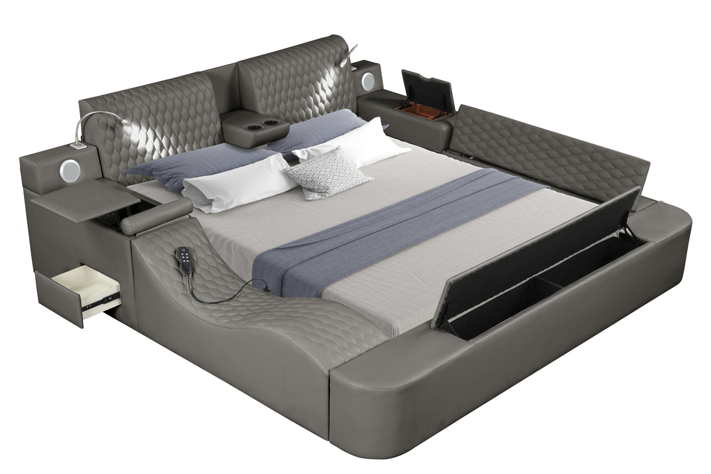 Zoya Smart Multifunctional King Size Bed Made with Wood in Gray