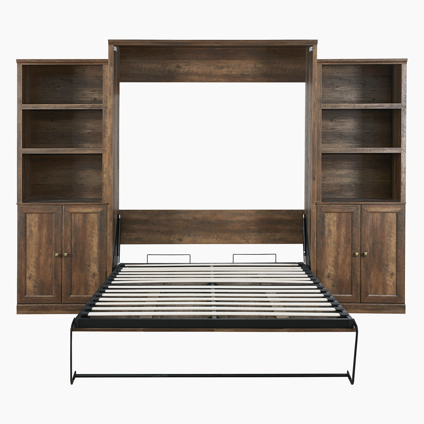 Queen Size Half Self-Close and Open Murphy Bed with 2 Side Cabinet Storage Shelf, Cabinet Space-Saving Bed Perfect for Guest Room, Bed Room, Guest Room, Home Office, Brown