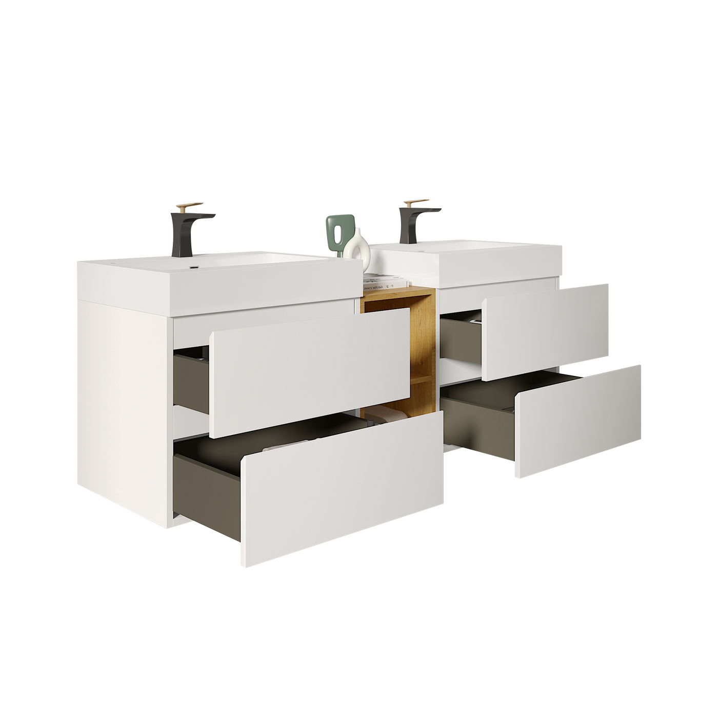 U062-Alice60W-201 Alice 60" White Bathroom Vanity with Double Sinks and Open Shelf, Modern Wall Mounted Floating Bathroom Vanity, One-Piece Sink Basin without Drain and Faucet