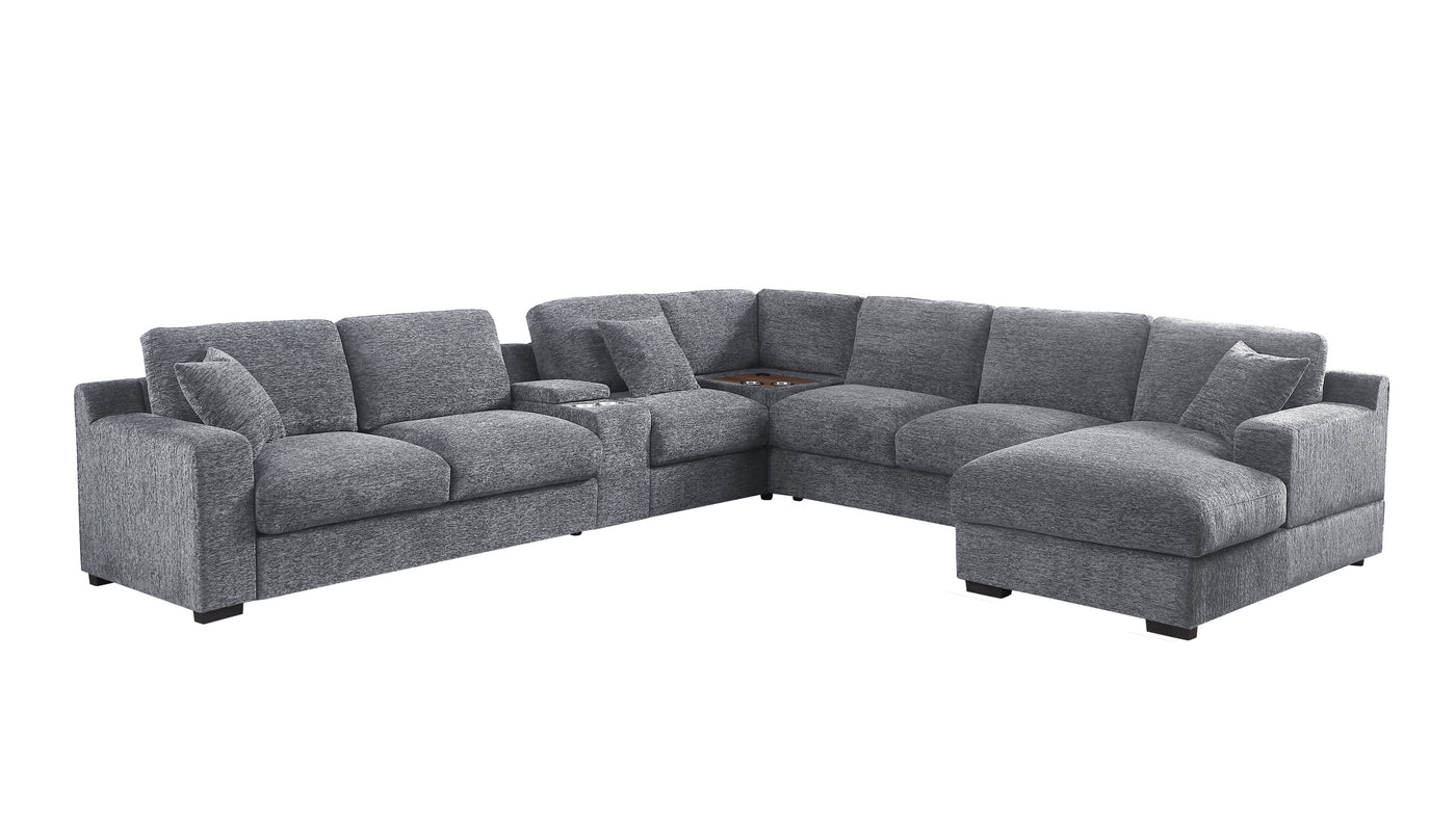 Celine 141.5" Light Gray Chenille Fabric Corner Sectional Sofa with Right-Facing Chaise, Cupholders, and Charging Ports