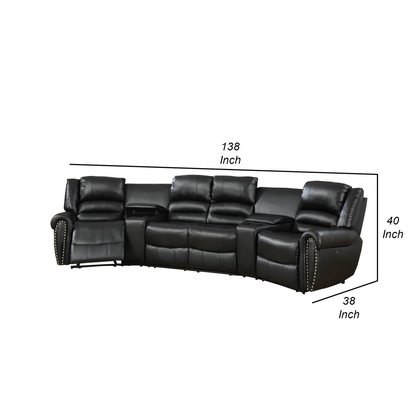 Zib Power Reclining Sectional Sofa Set, USB Port, Bonded Leather, Jet Black